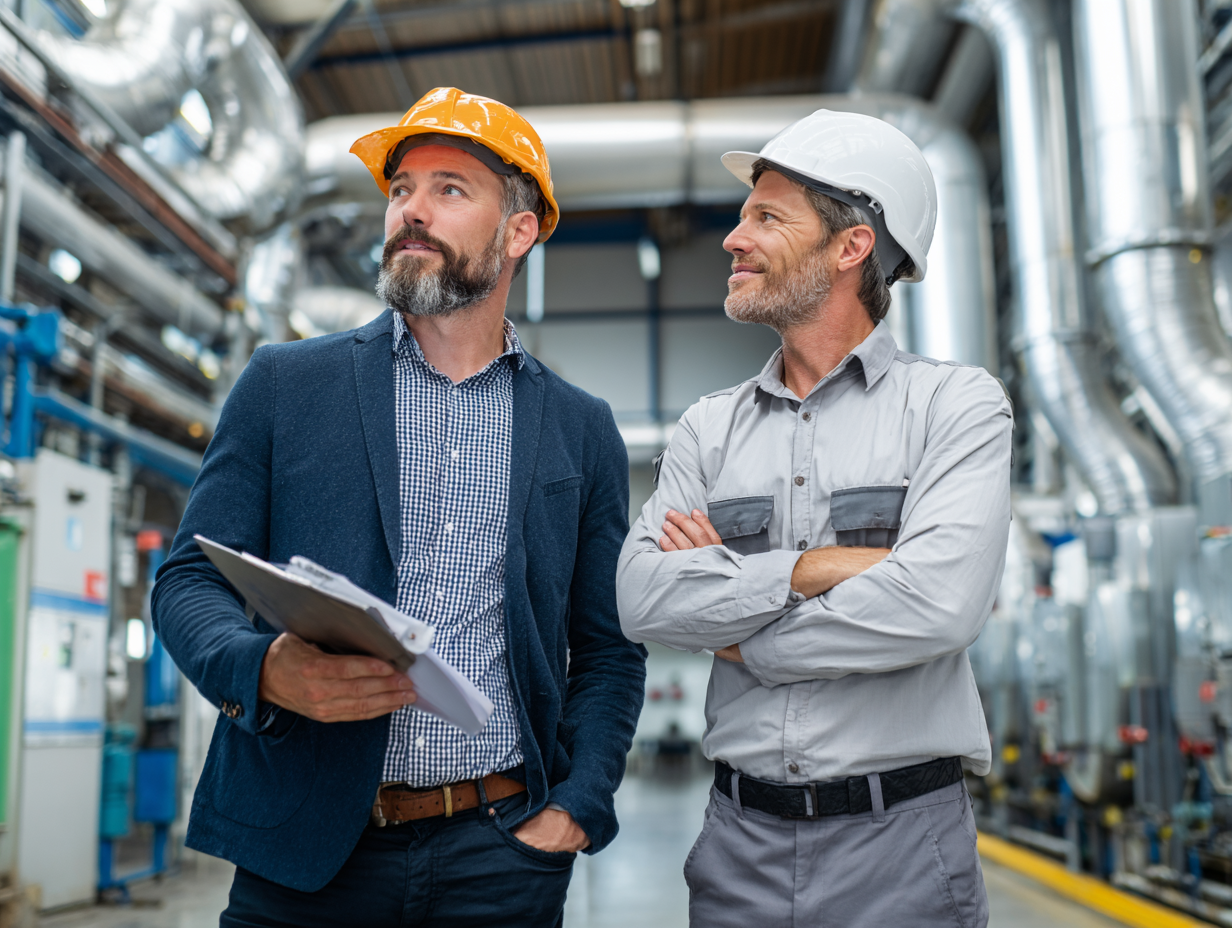 Client and engineer inspecting a mechanical room at an industrial facility